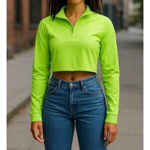 Superdown Crop Long Sleeve 1/4 Zip Pullover Top Lime Green Womens Size XXS